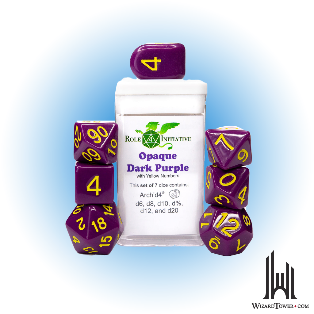 SET OF 7 DICE: OPAQUE DARK PURPLE/YELLOW